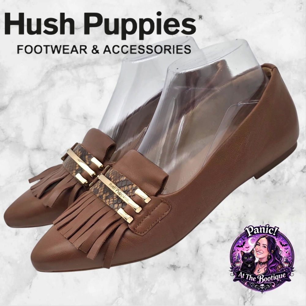 Hush Puppies Loafer Women 7.5 Leather Brown Kiltie Fringe Snakeskin Pointed Toe